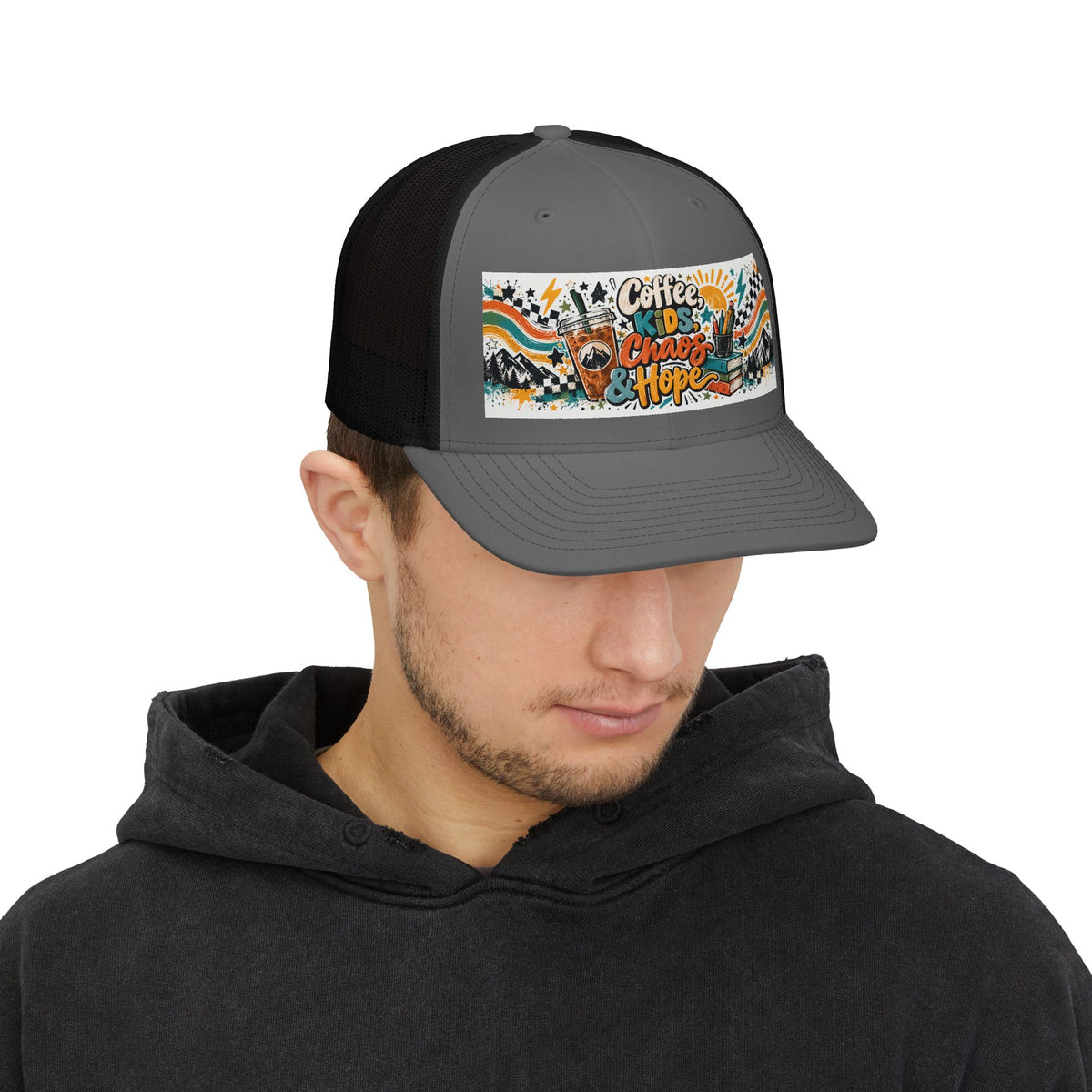 Coffee, Kids, Chaos & Hope Snapback Trucker Cap — Retro Camping Vibes