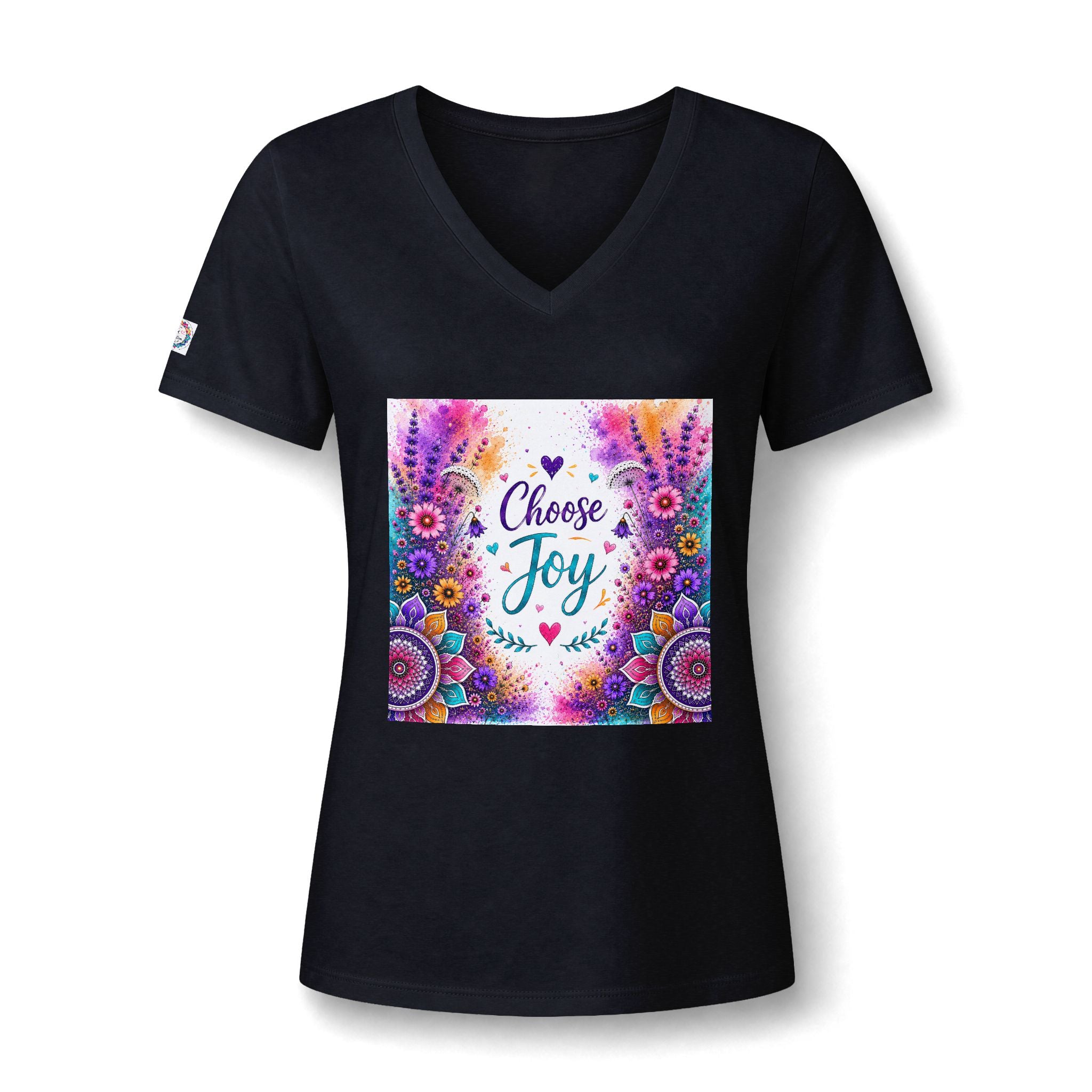 Choose Joy V-Neck Tee — Women's Floral Mandala Inspirational Shirt
