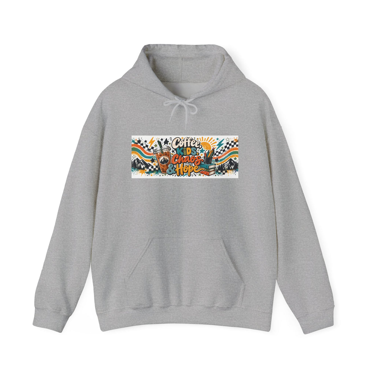 Coffee, Kids, Chaos & Hope Hoodie — Men/Women/, Teacher, Coach, Dad/Parent Retro Doodle Graphic Pullover
