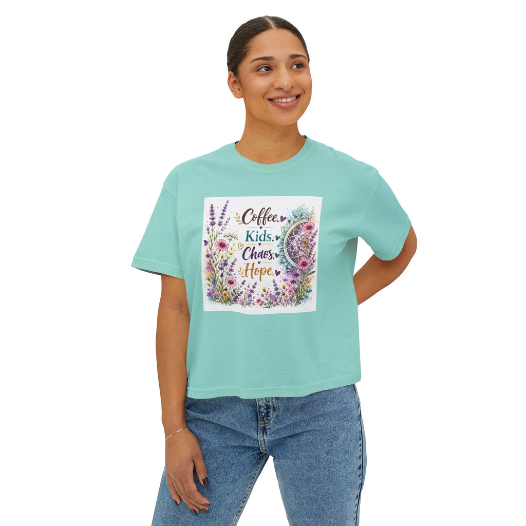 Women’s Boxy Tee — “Coffee, Kids, Chaos, Hope” Floral Graphic