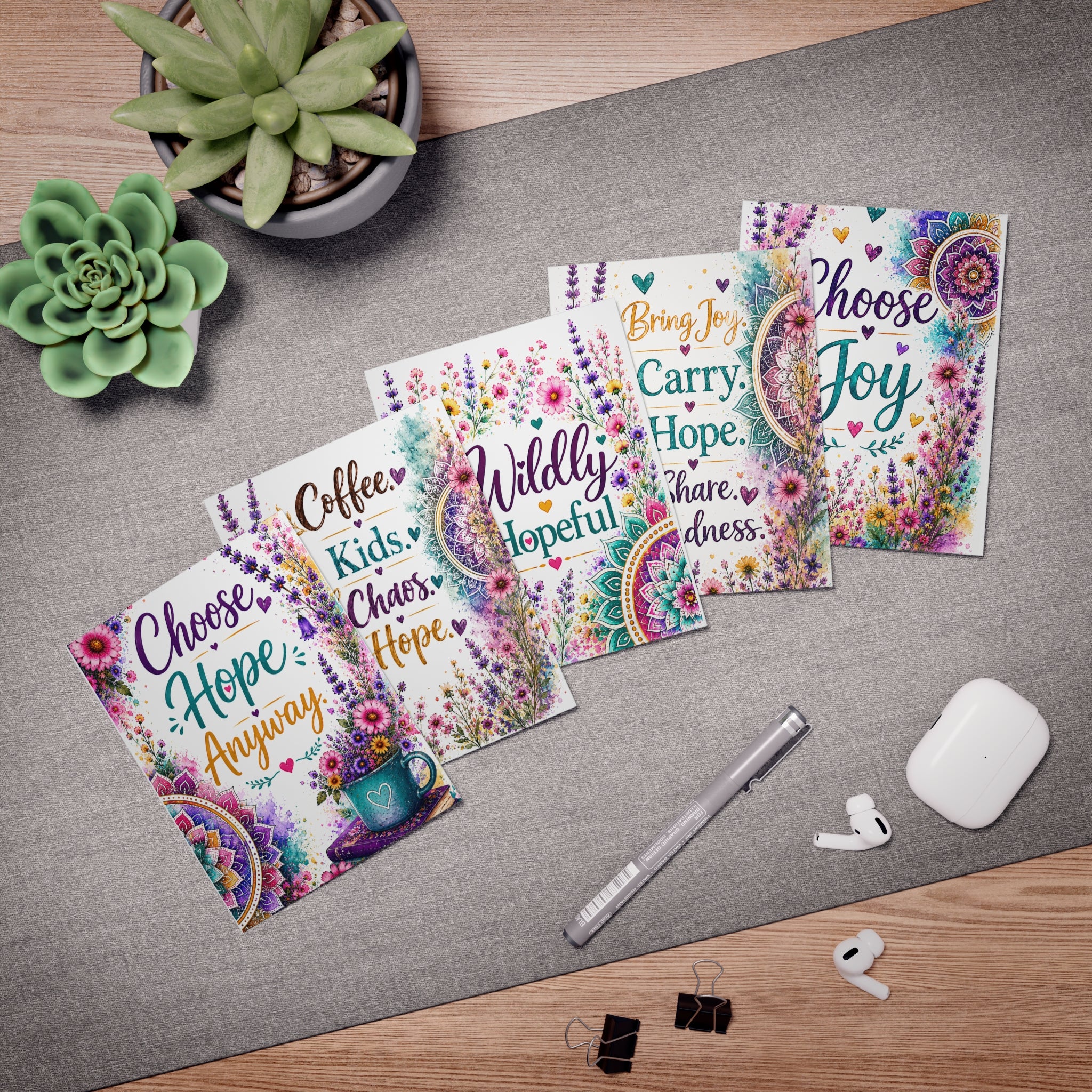Floral Inspirational Greeting Card Set — 5 Encouragement Cards (Choose Joy, Wildly Hopeful)