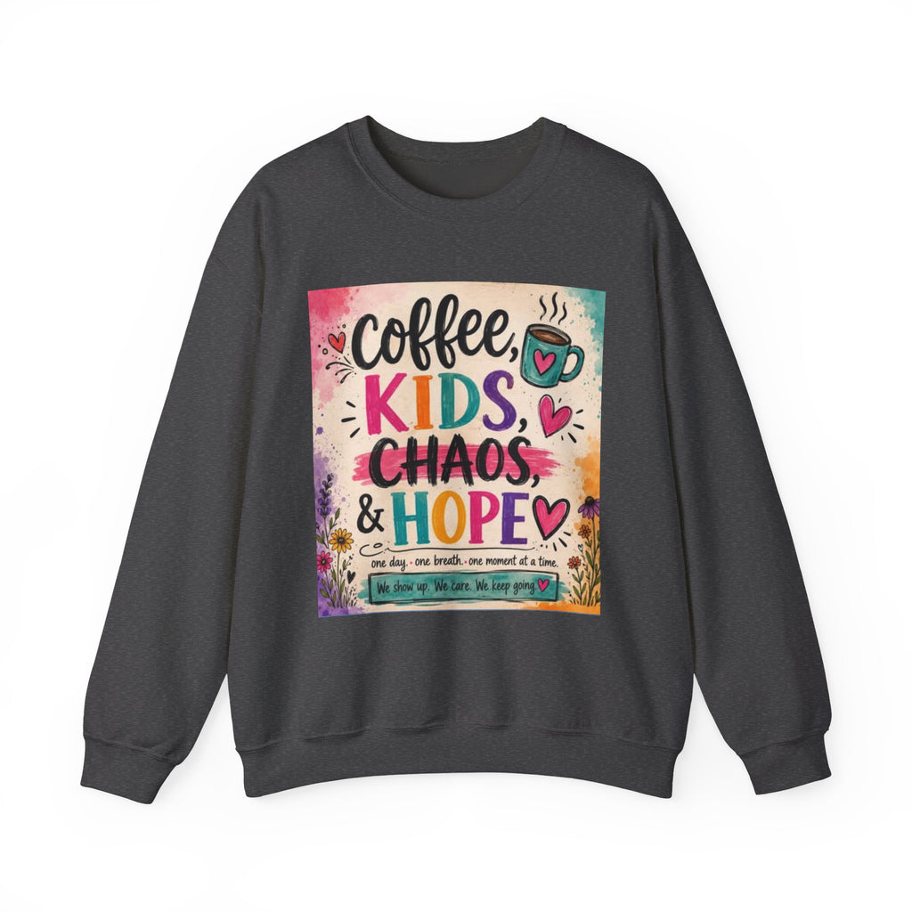 Coffee, Kids, Chaos & Hope Crewneck Sweatshirt — Colorful Educator/Counselor/Mom Life Pullover
