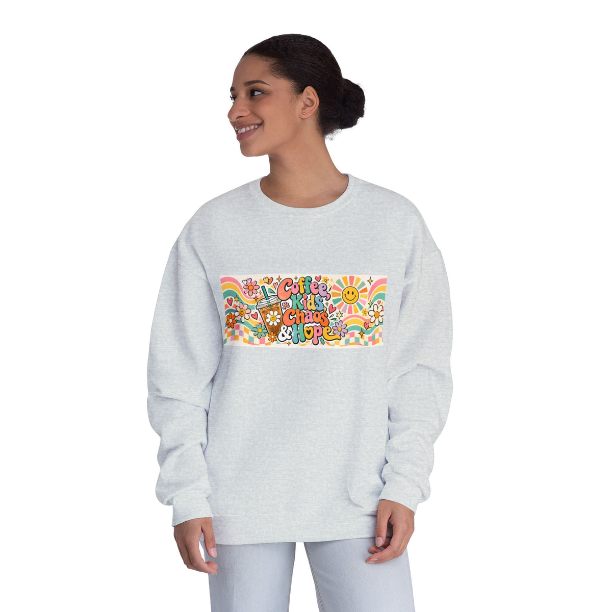 Coffee, Kiddos, Chaos & Hope Crewneck Sweatshirt, Teacher/School Staff/Mom Gift