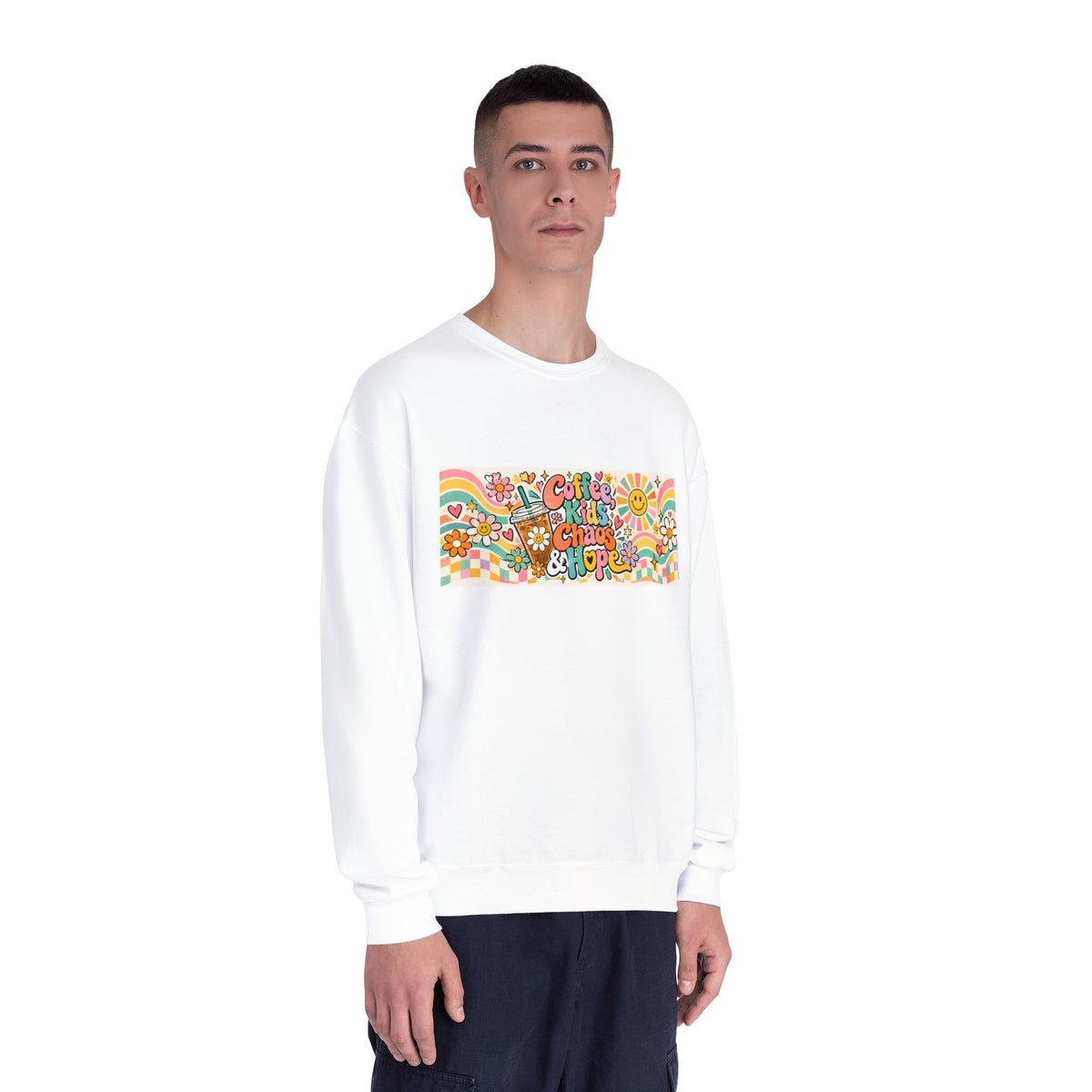 Coffee, Kiddos, Chaos & Hope Crewneck Sweatshirt, Teacher/School Staff/Mom Gift