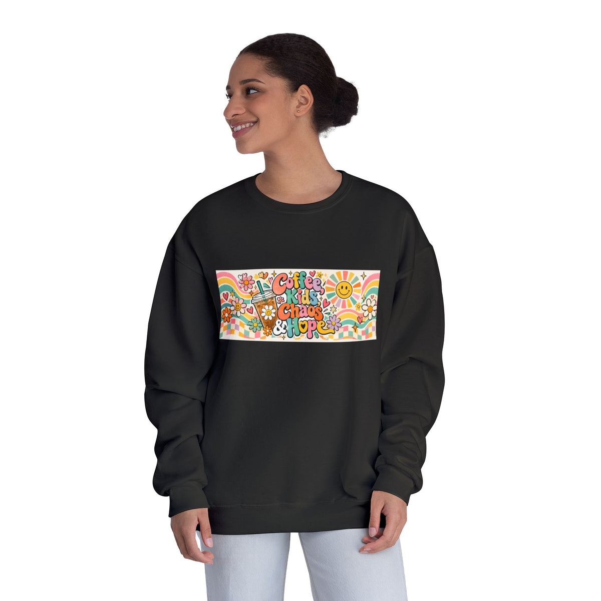 Coffee, Kiddos, Chaos & Hope Crewneck Sweatshirt, Teacher/School Staff/Mom Gift