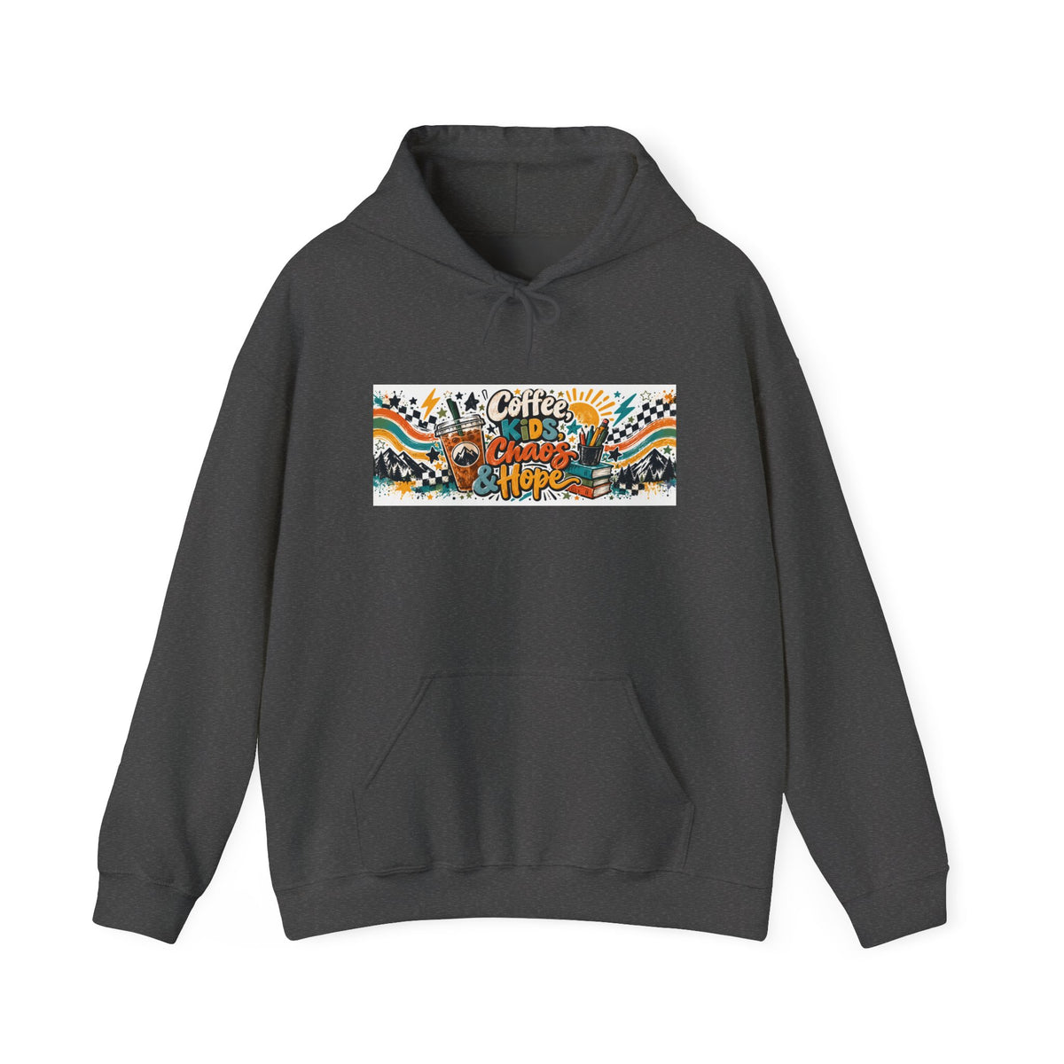 Coffee, Kids, Chaos & Hope Hoodie — Men/Women/, Teacher, Coach, Dad/Parent Retro Doodle Graphic Pullover