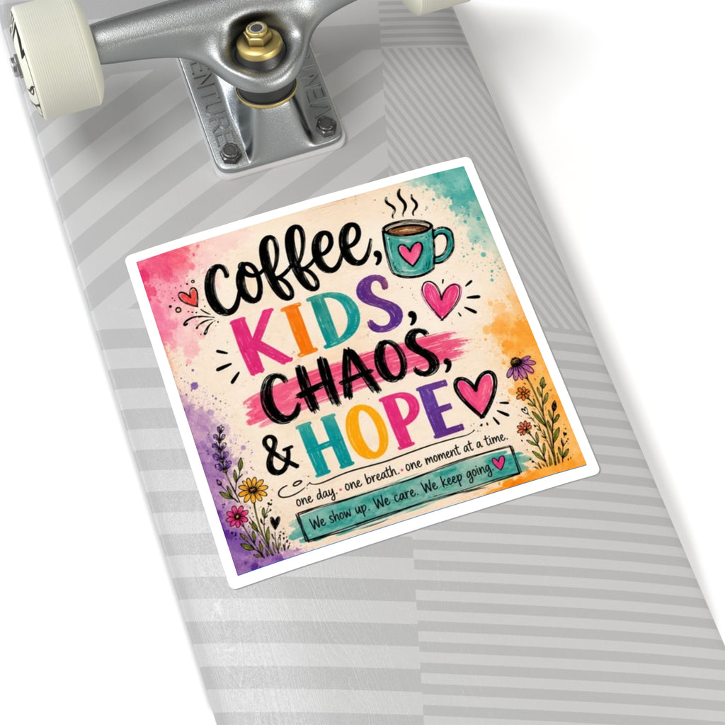 Coffee, Kids, Chaos & Hope Square Sticker — Colorful Teacher/Counselor/Parent-Life Decal