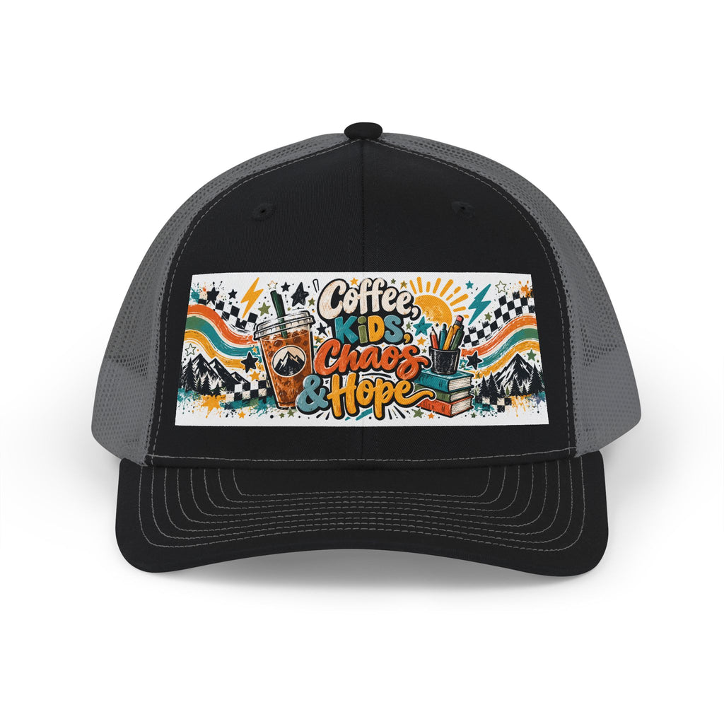 Coffee, Kids, Chaos & Hope Snapback Trucker Cap — Retro Camping Vibes