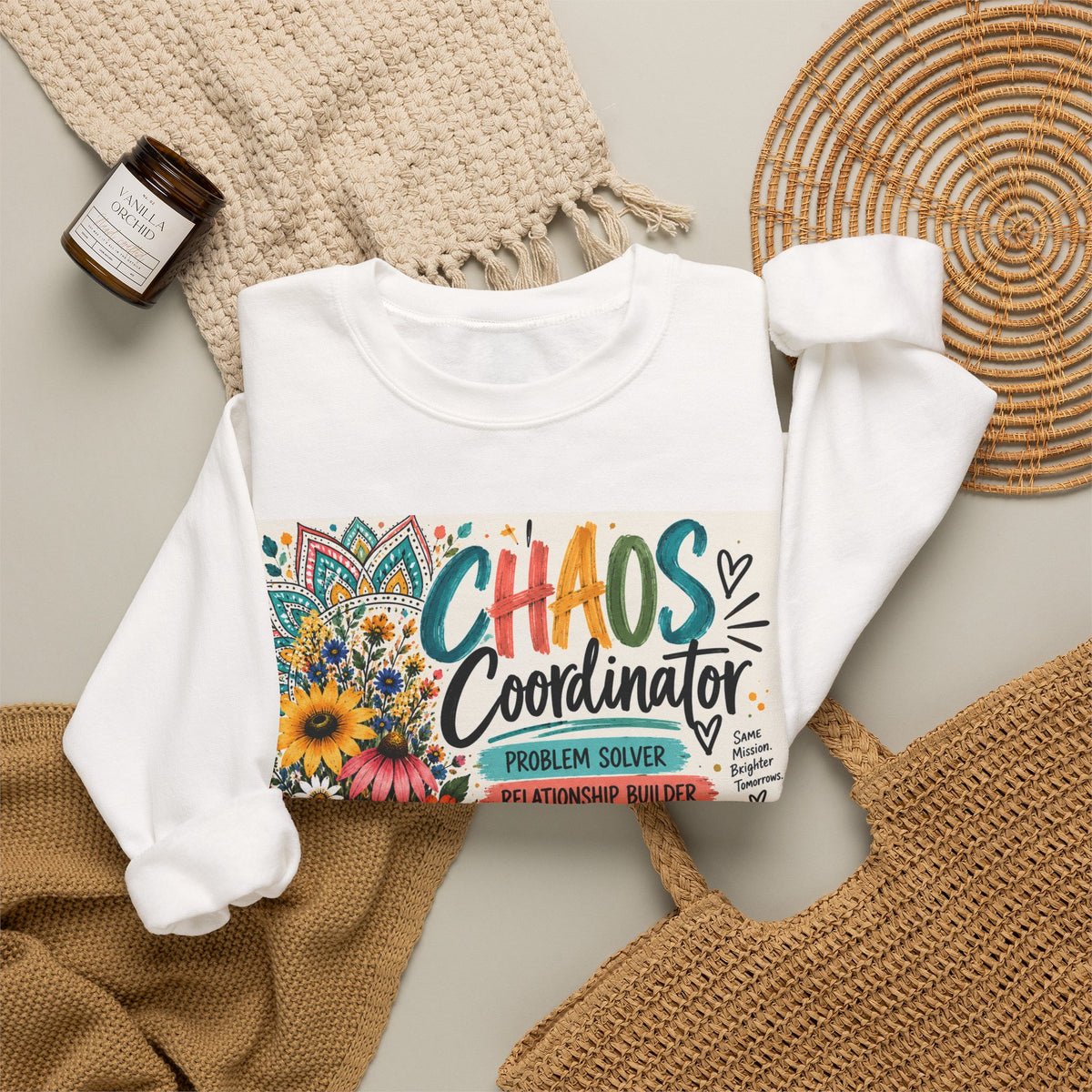 Chaos Coordinator Crewneck Sweatshirt — Funny Teacher/Parent Gift, Problem Solver Floral Graphic