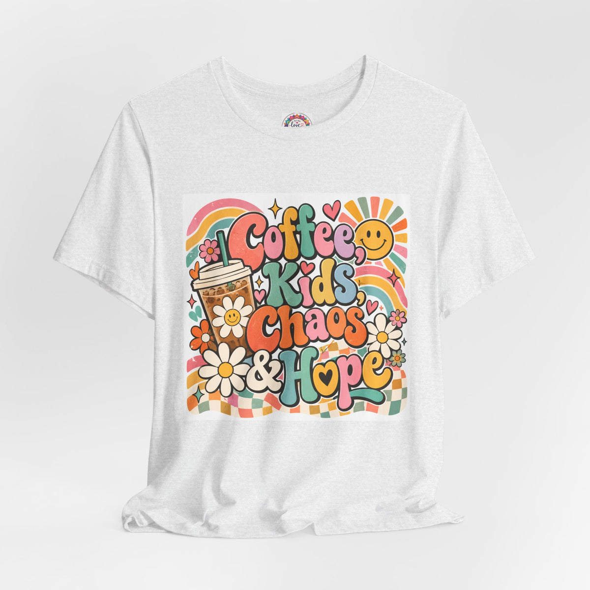 Coffee, Kids, Chaos & Hope Graphic Tee — Retro Floral Teacher/Counselor/School staff/Mom Shirt