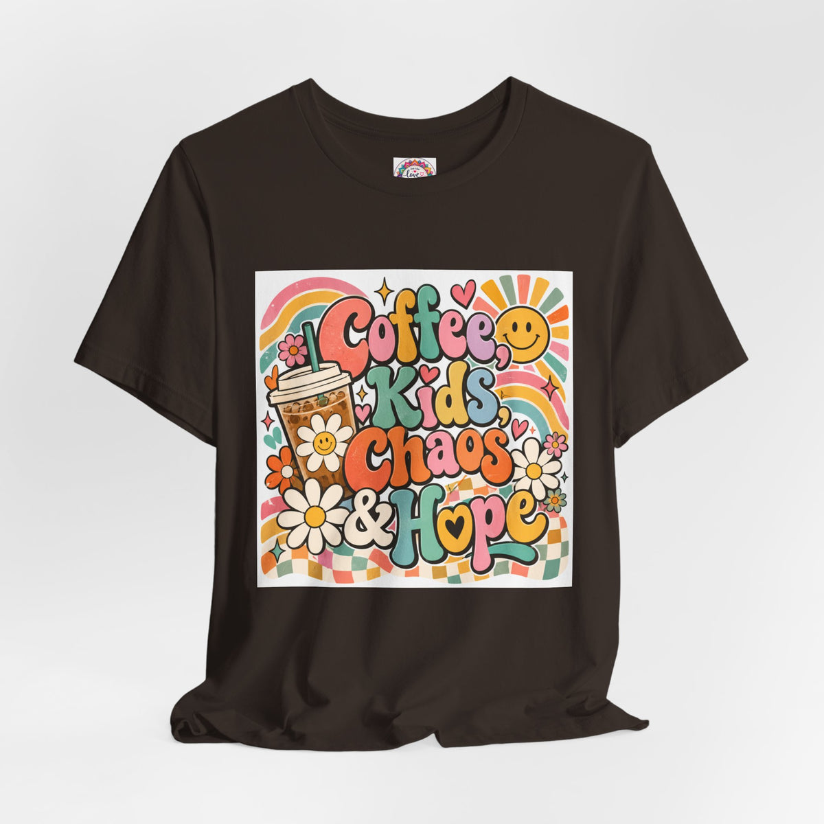 Coffee, Kids, Chaos & Hope Graphic Tee — Retro Floral Teacher/Counselor/School staff/Mom Shirt