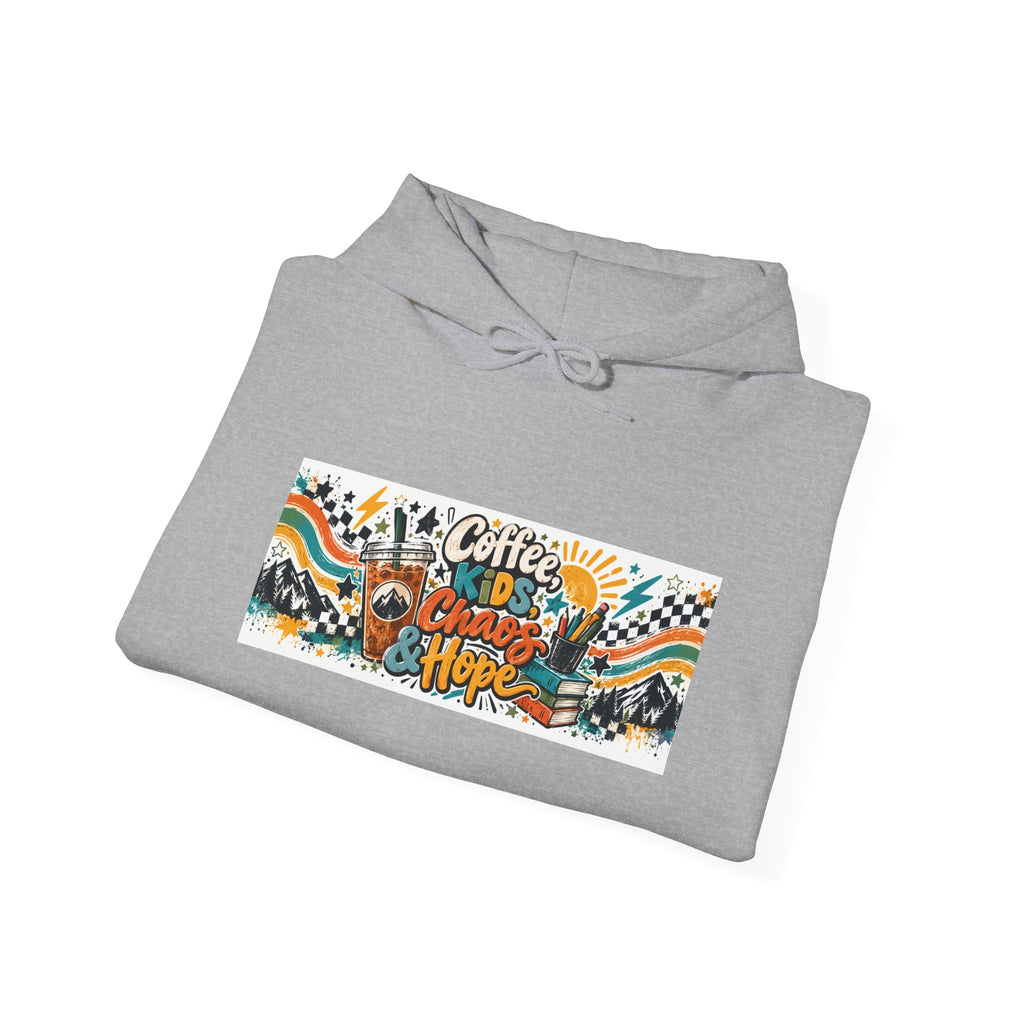 Coffee, Kids, Chaos & Hope Hoodie — Men/Women/, Teacher, Coach, Dad/Parent Retro Doodle Graphic Pullover