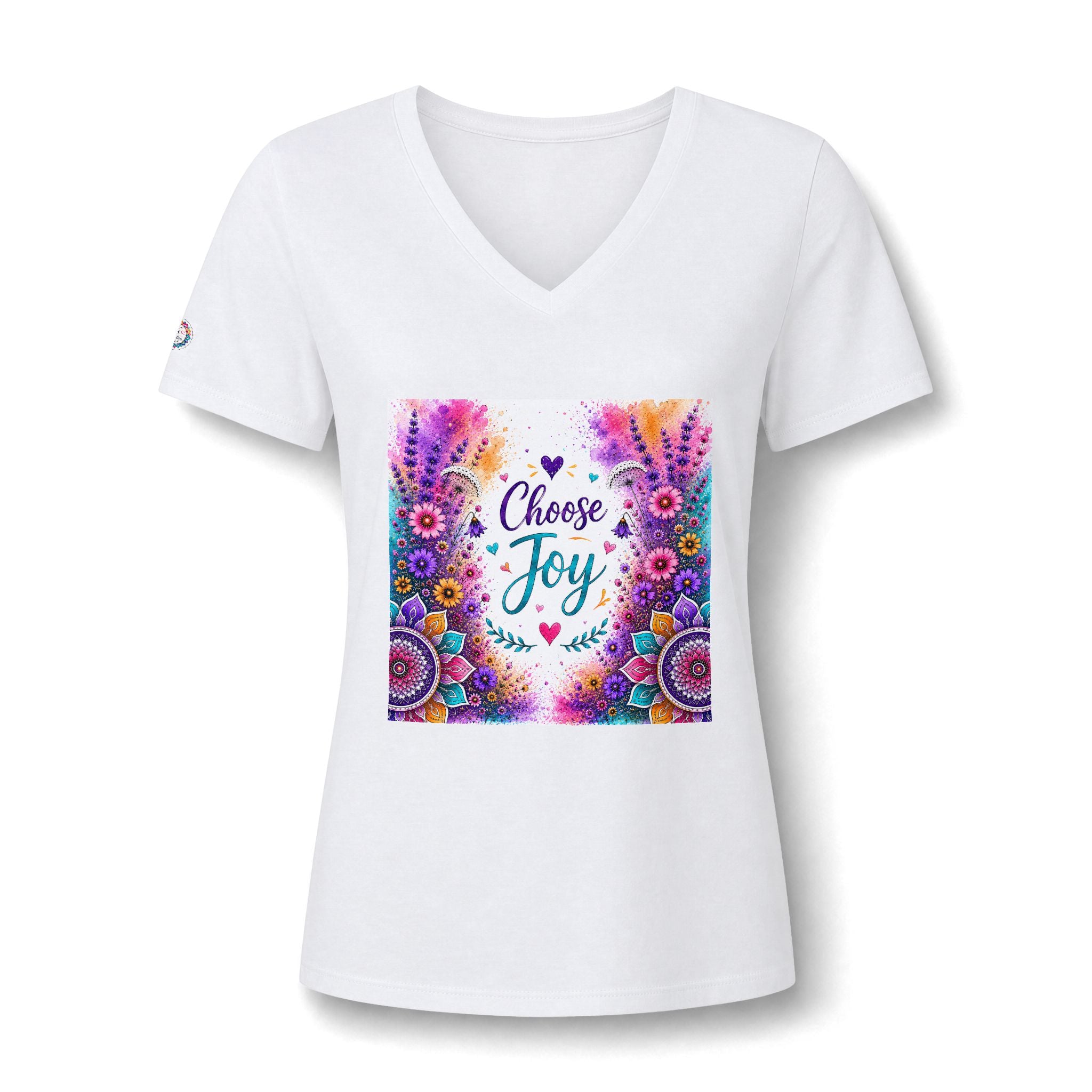 Choose Joy V-Neck Tee — Women's Floral Mandala Inspirational Shirt