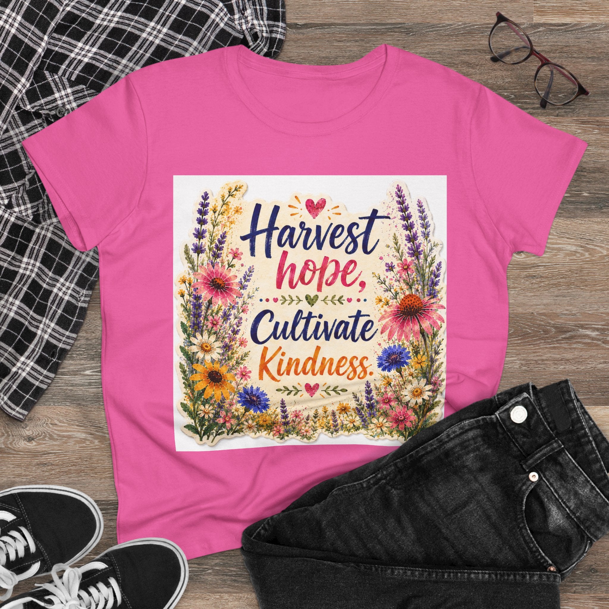 Women’s Tee - "Harvest Hope, Cultivate Kindness" Floral Inspirational Shirt