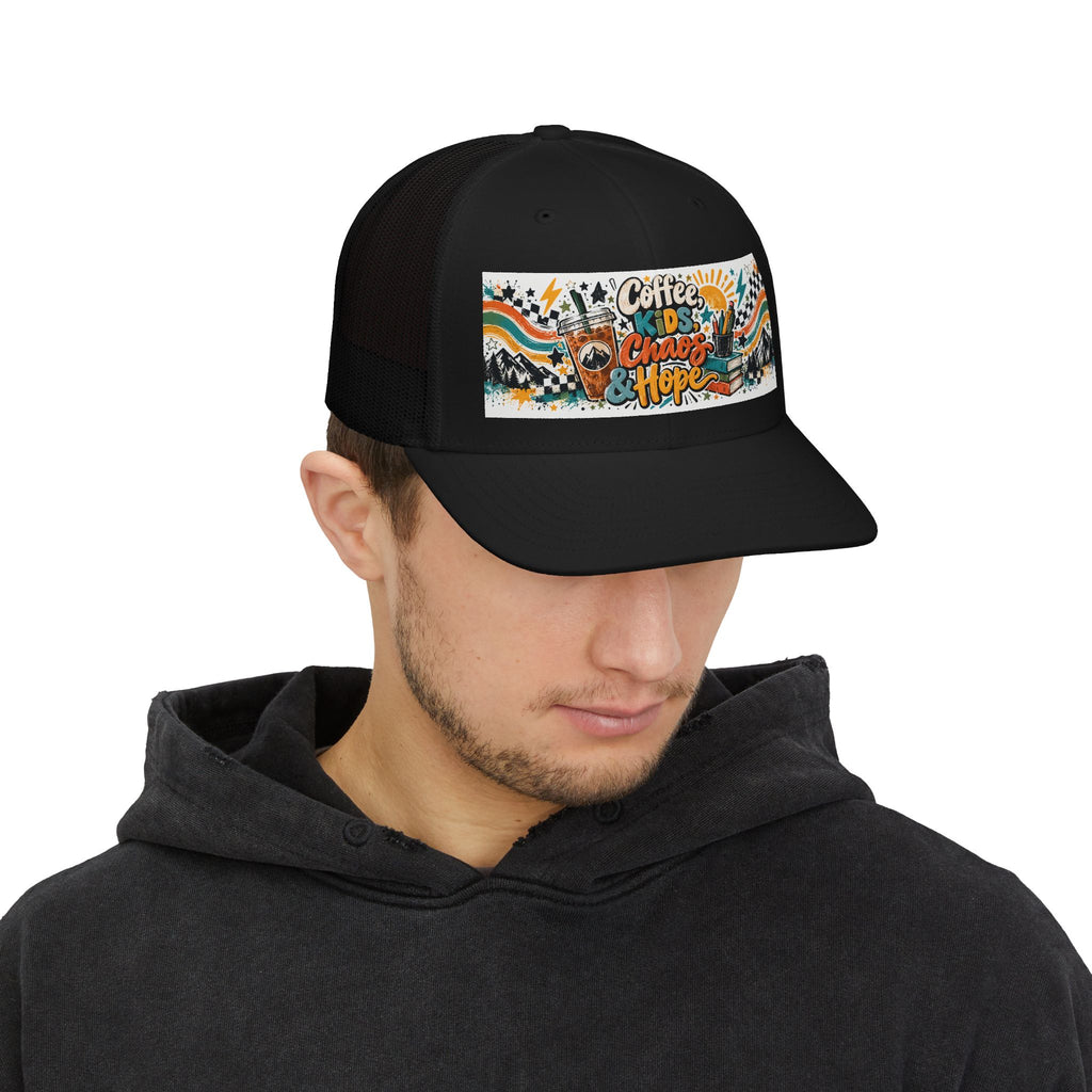 Coffee, Kids, Chaos & Hope Snapback Trucker Cap — Retro Camping Vibes