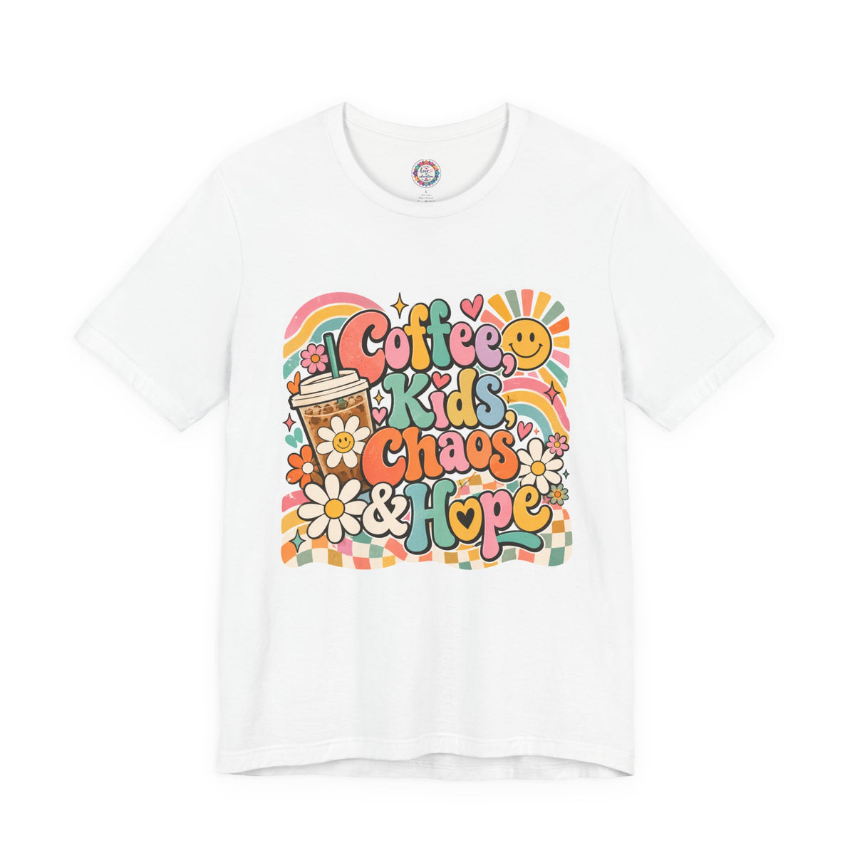 Coffee, Kids, Chaos & Hope Graphic Tee — Retro Floral Teacher/Counselor/School staff/Mom Shirt