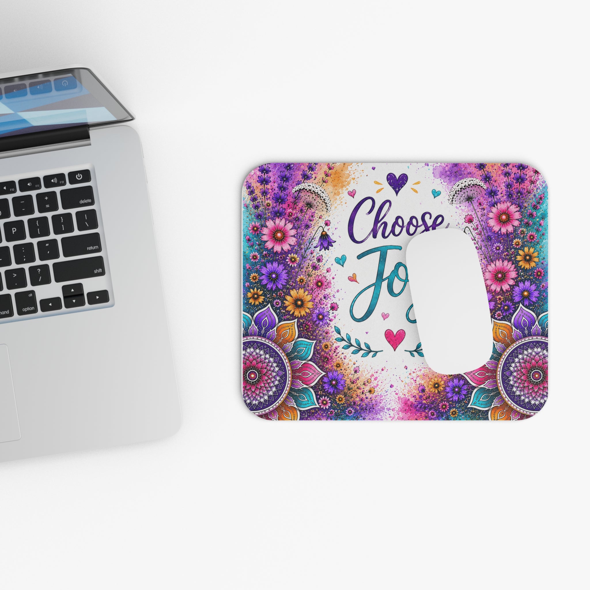 Choose Joy Floral Mouse Pad — Colorful Mandala Desk Mat for Positive Vibes
