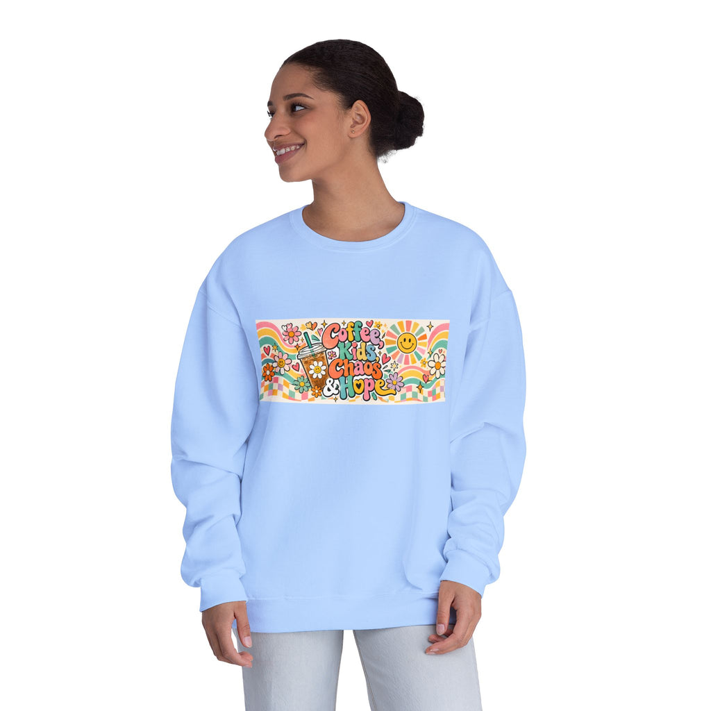 Coffee, Kiddos, Chaos & Hope Crewneck Sweatshirt, Teacher/School Staff/Mom Gift