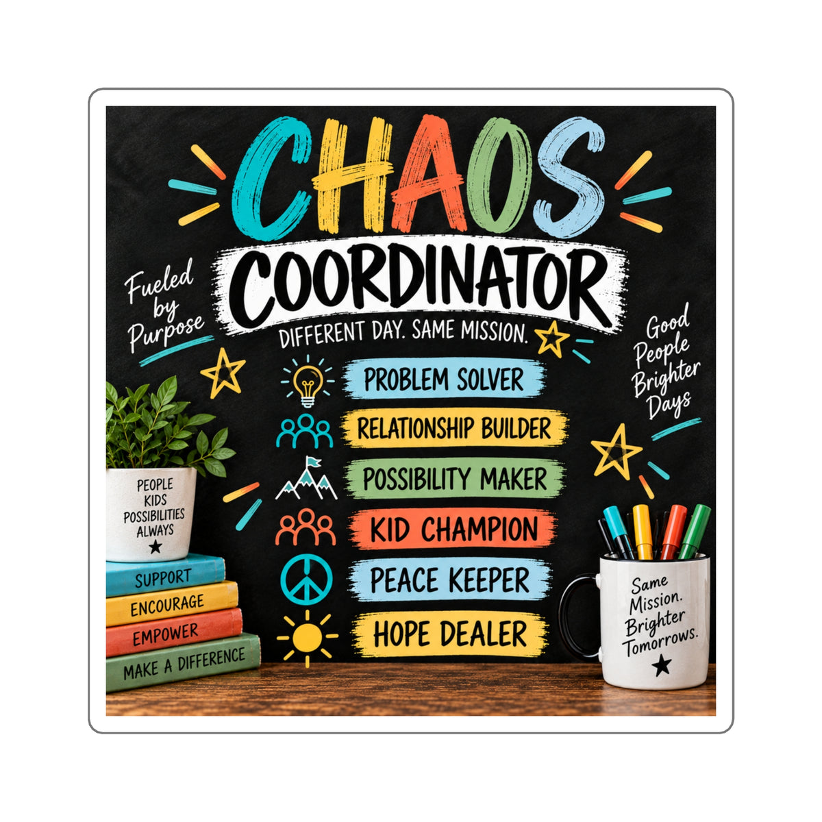 Chaos Coordinator Square Sticker — Teacher / Leader / Parent / School staff, "Problem Solver • Kid Champion • Hope Dealer"