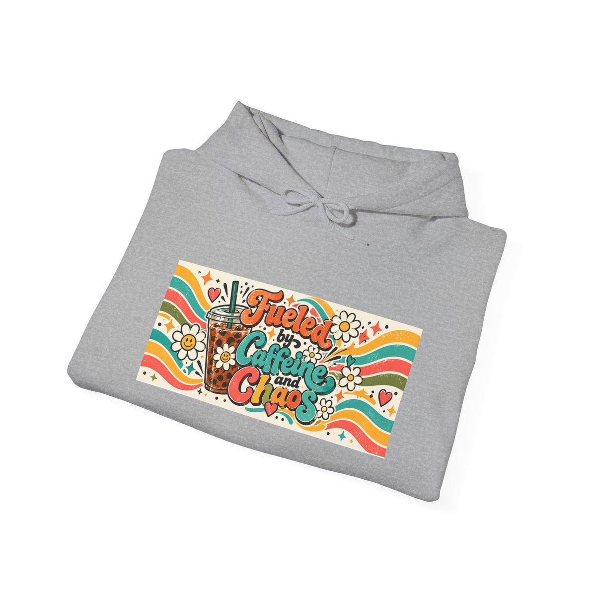“Fueled by Caffeine and Chaos” Retro Foodie Graphic Hoodie for Teachers, Moms, Leaders, Chaos Coordinators