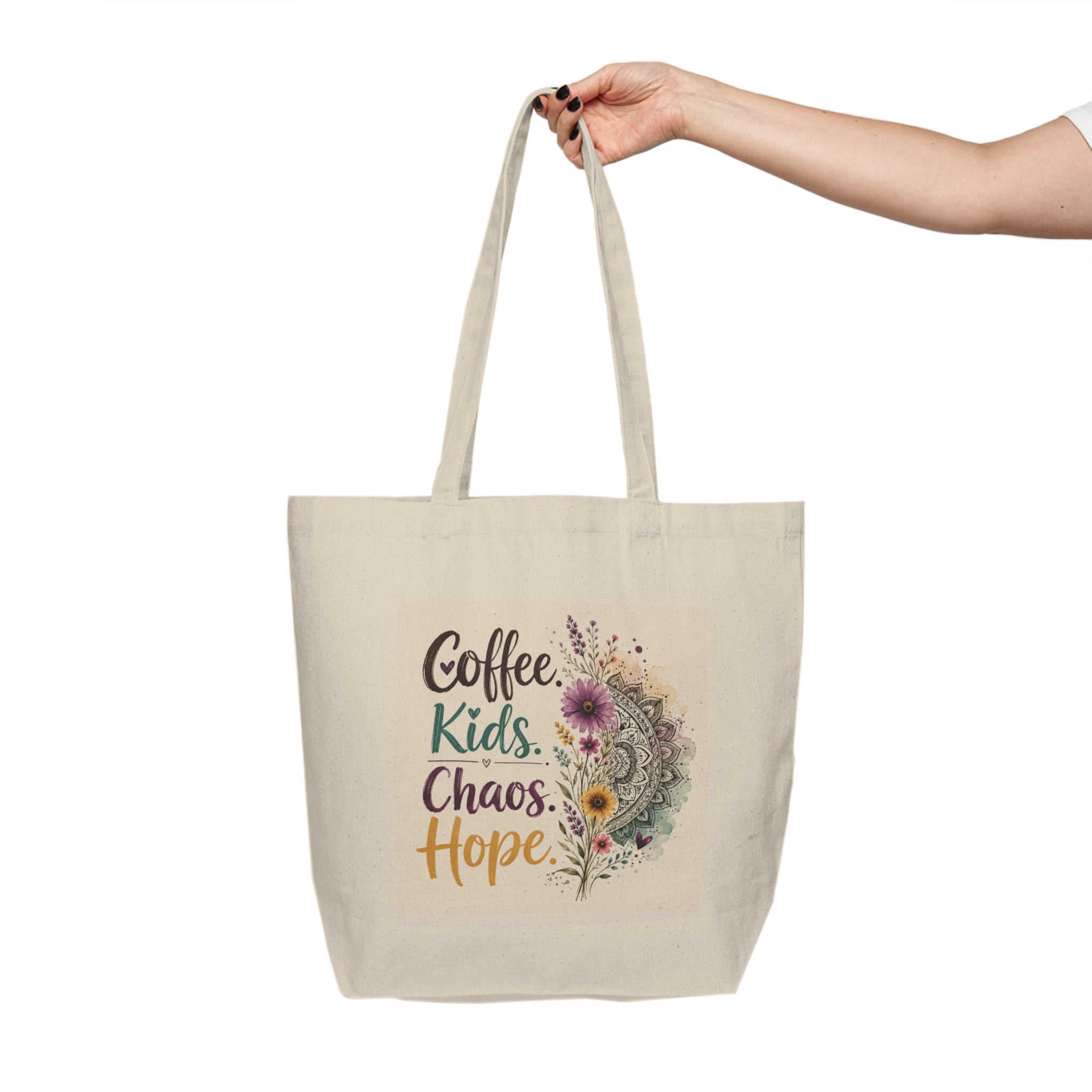 Canvas Tote Bag — “Coffee. Kids. Chaos. Hope.” Floral Boho Teacher & Mom Grocery Shopper