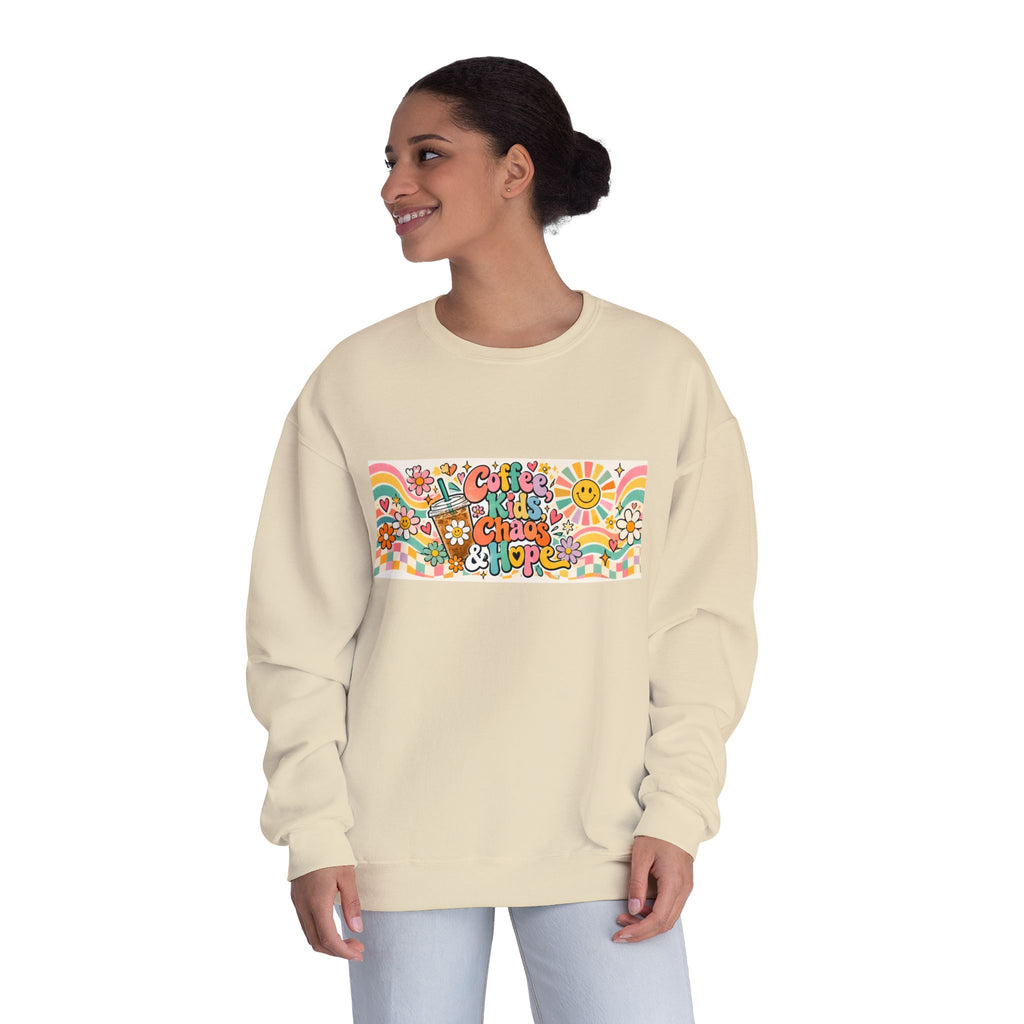 Coffee, Kiddos, Chaos & Hope Crewneck Sweatshirt, Teacher/School Staff/Mom Gift