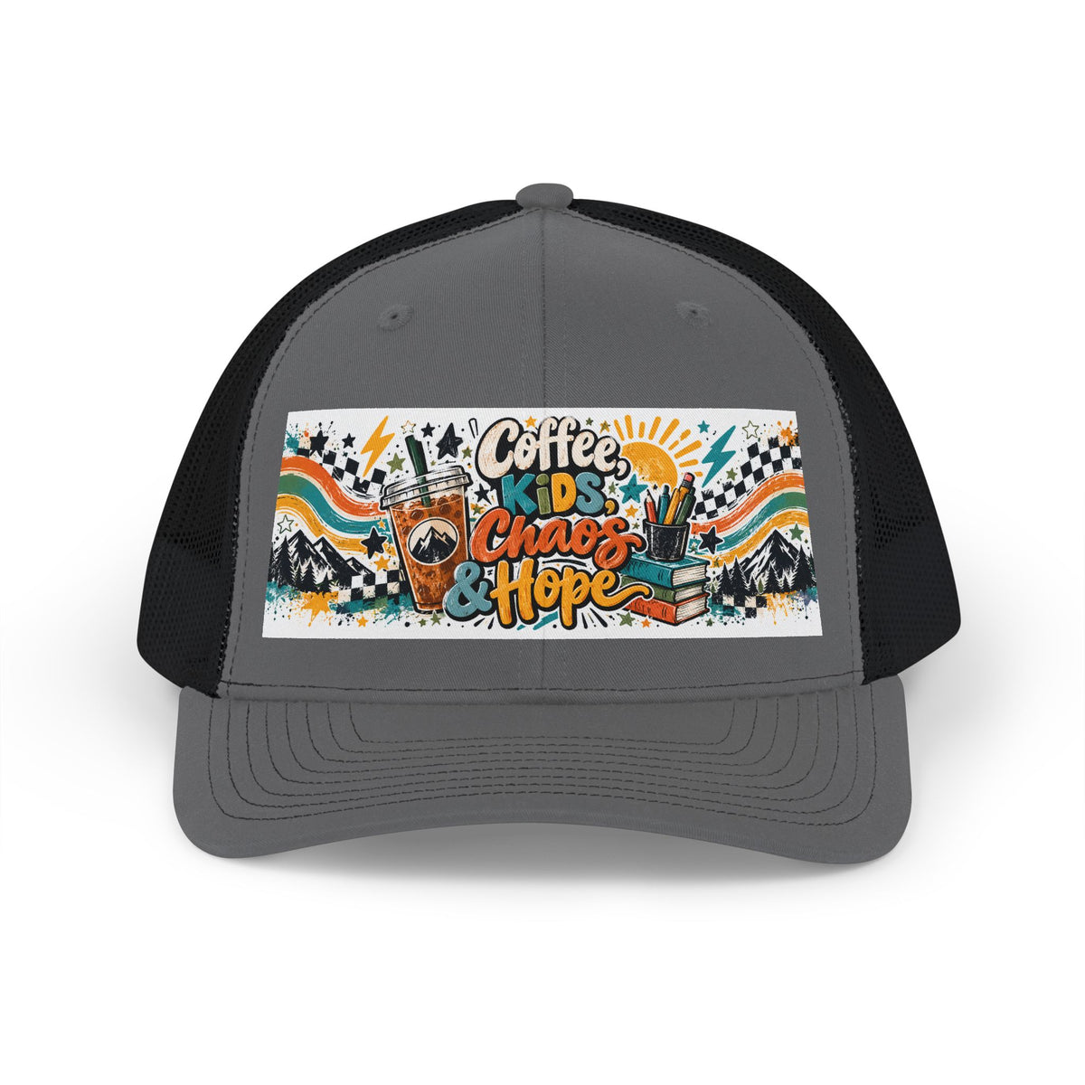 Coffee, Kids, Chaos & Hope Snapback Trucker Cap — Retro Camping Vibes