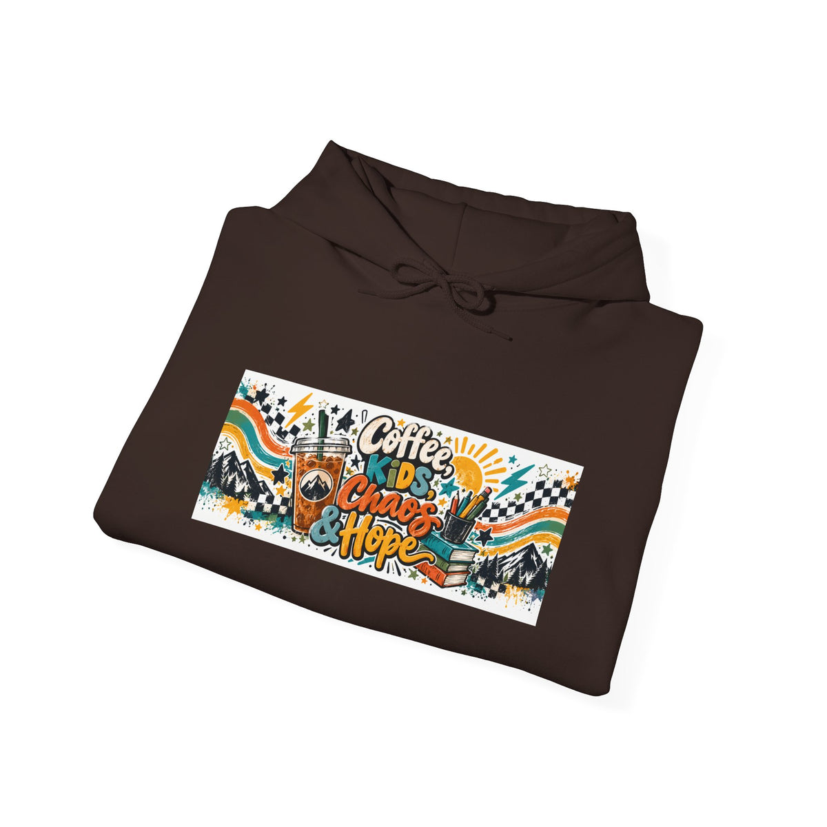 Coffee, Kids, Chaos & Hope Hoodie — Men/Women/, Teacher, Coach, Dad/Parent Retro Doodle Graphic Pullover