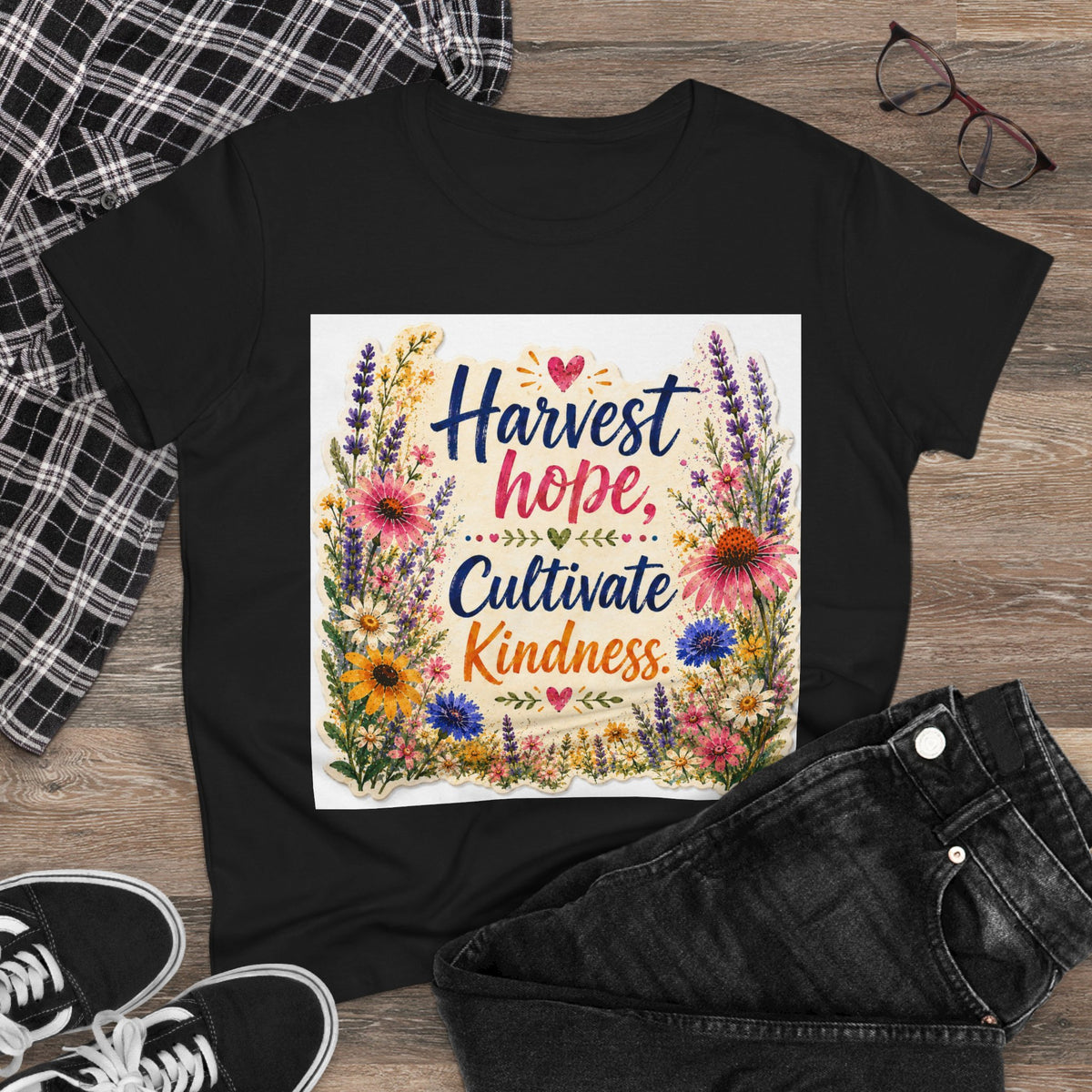 Women’s Tee - "Harvest Hope, Cultivate Kindness" Floral Inspirational Shirt