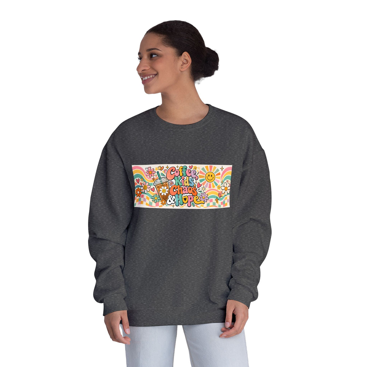 Coffee, Kiddos, Chaos & Hope Crewneck Sweatshirt, Teacher/School Staff/Mom Gift