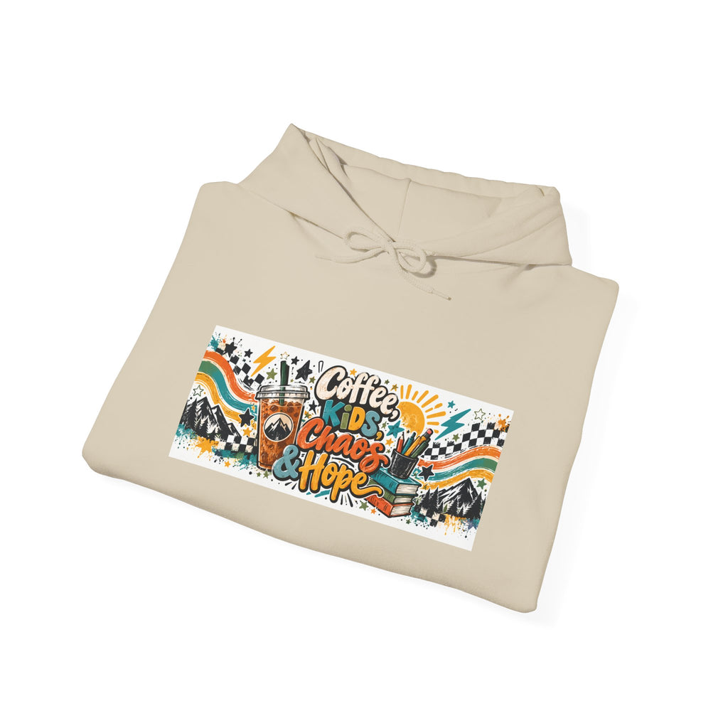 Coffee, Kids, Chaos & Hope Hoodie — Men/Women/, Teacher, Coach, Dad/Parent Retro Doodle Graphic Pullover