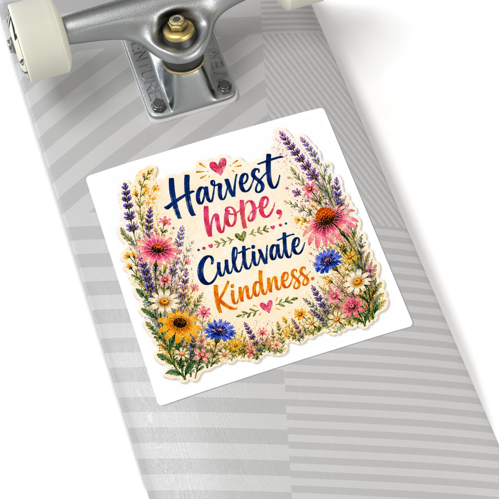Harvest Hope, Cultivate Kindness Square Sticker — Floral Inspirational Laptop Decal