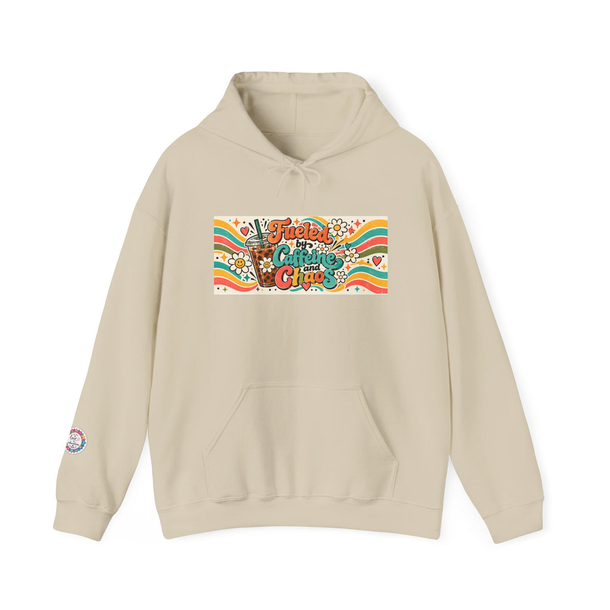 “Fueled by Caffeine and Chaos” Retro Foodie Graphic Hoodie for Teachers, Moms, Leaders, Chaos Coordinators