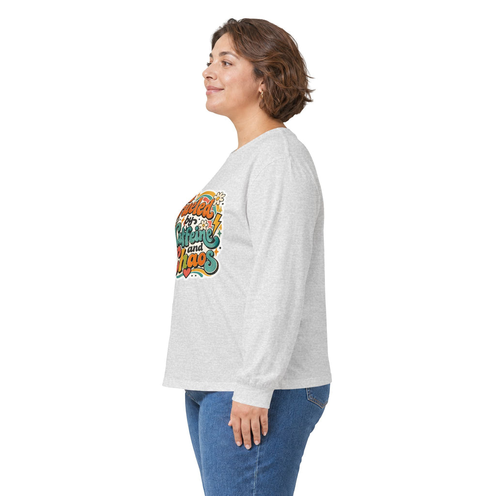 Fueled by Caffeine and Chaos Long Sleeve Tee for Teachers, Leaders, Moms, Chaos Coordinators