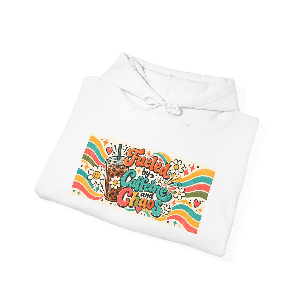 “Fueled by Caffeine and Chaos” Retro Foodie Graphic Hoodie for Teachers, Moms, Leaders, Chaos Coordinators