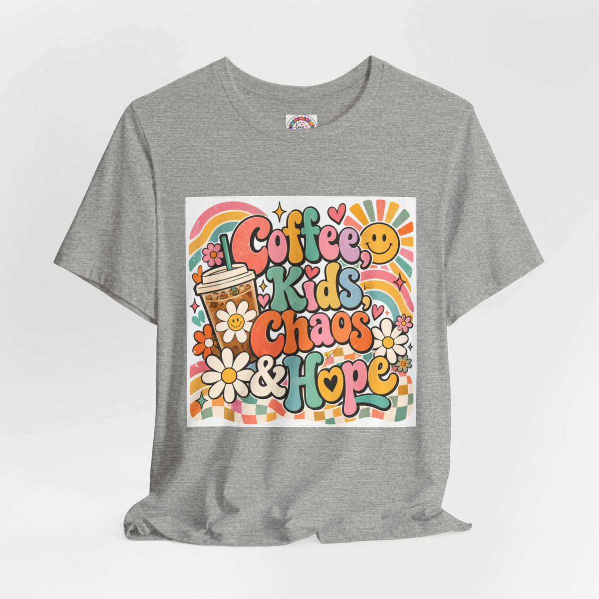 Coffee, Kids, Chaos & Hope Graphic Tee — Retro Floral Teacher/Counselor/School staff/Mom Shirt