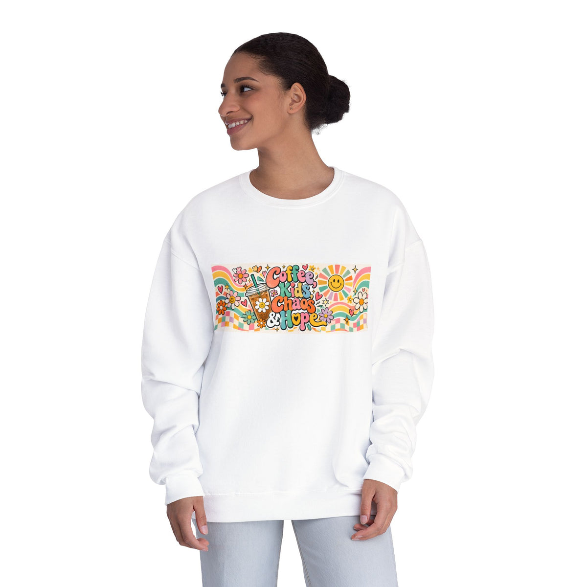 Coffee, Kiddos, Chaos & Hope Crewneck Sweatshirt, Teacher/School Staff/Mom Gift