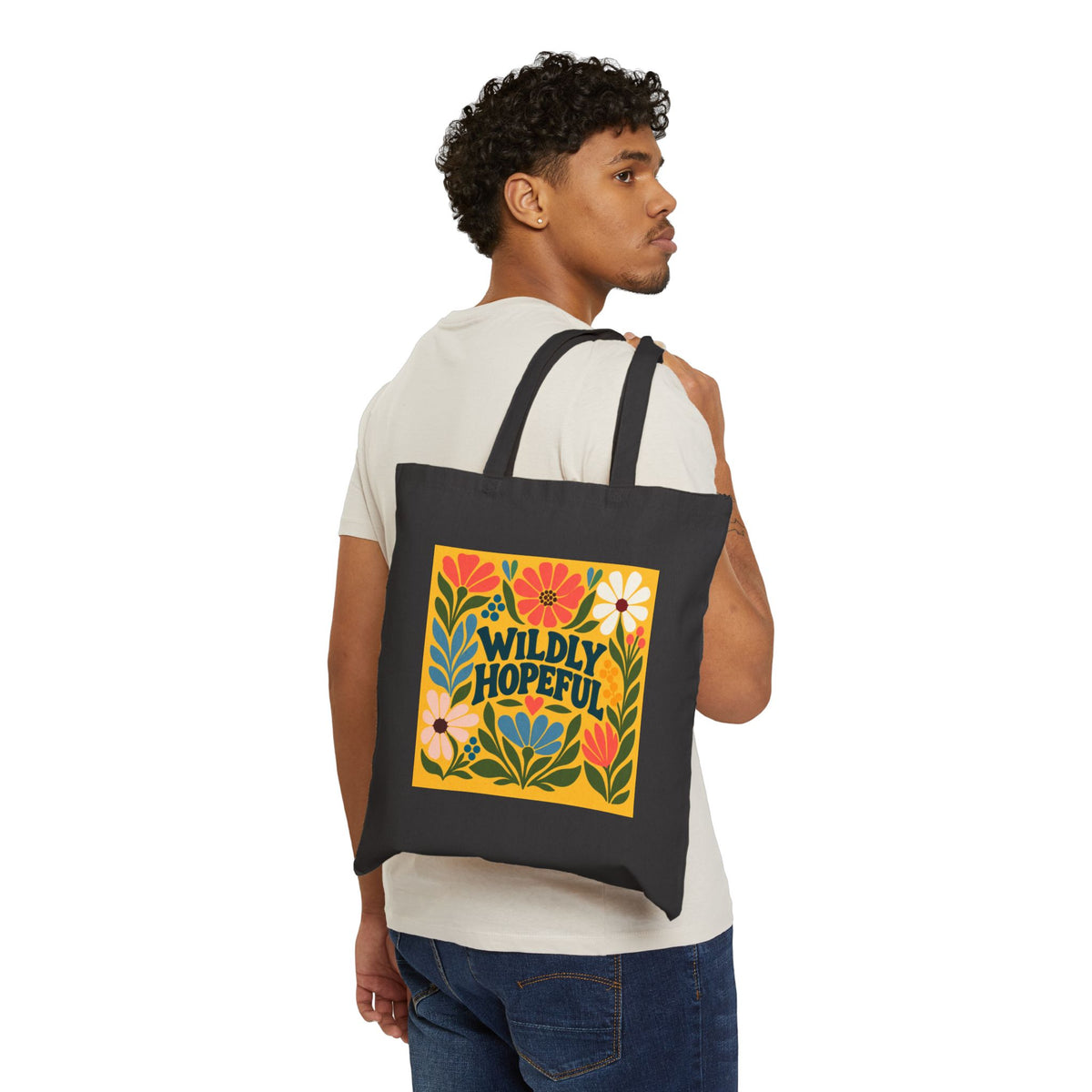 Wildly Hopeful Retro Floral Canvas Tote Bag — Eco-Friendly Reusable Market Bag