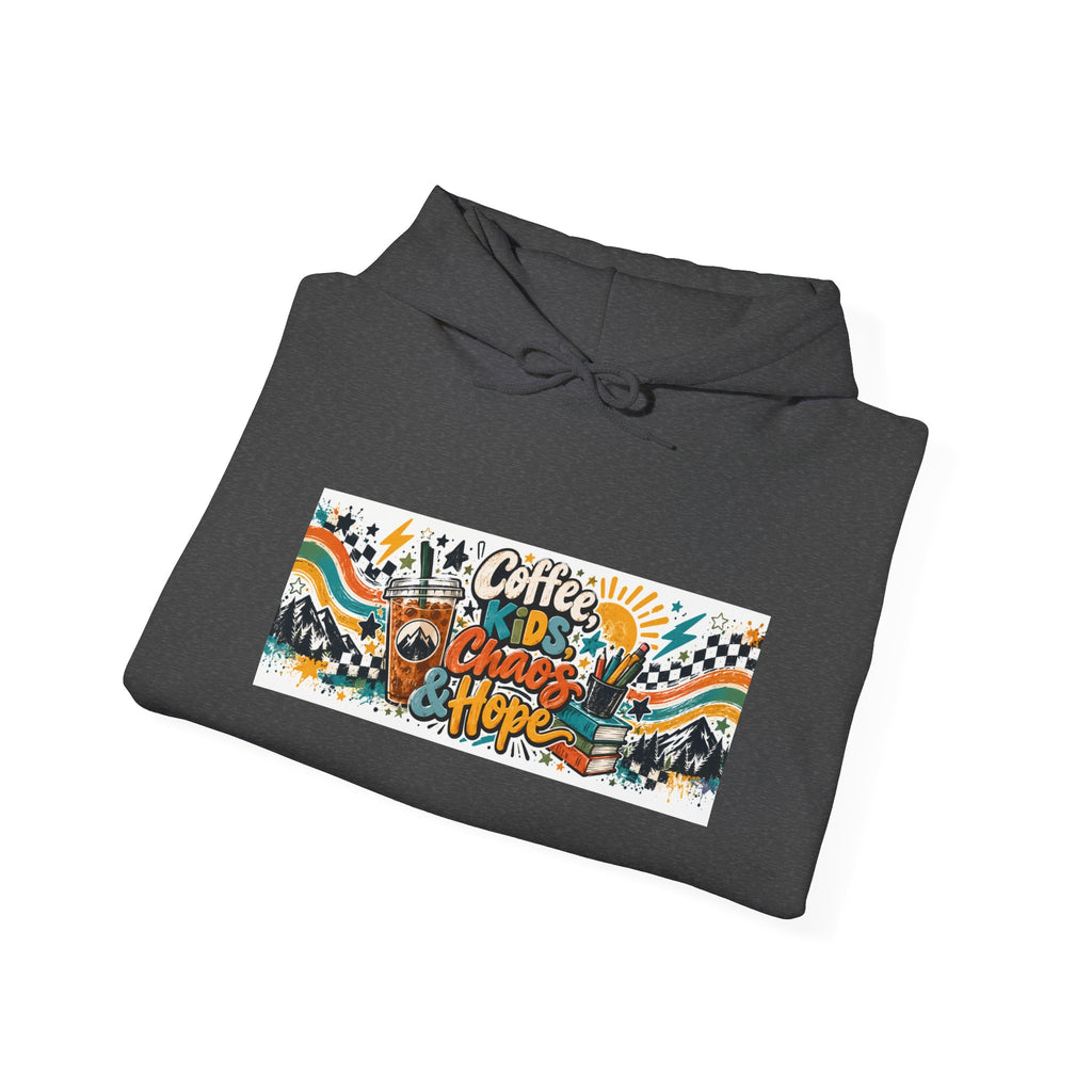 Coffee, Kids, Chaos & Hope Hoodie — Men/Women/, Teacher, Coach, Dad/Parent Retro Doodle Graphic Pullover