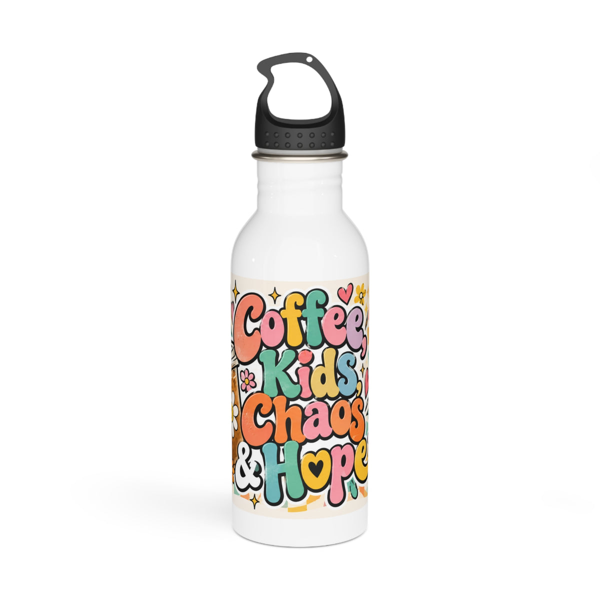 Stainless Steel Water Bottle — "Coffee, Kids, Chaos & Hope" Retro Floral Travel Bottle