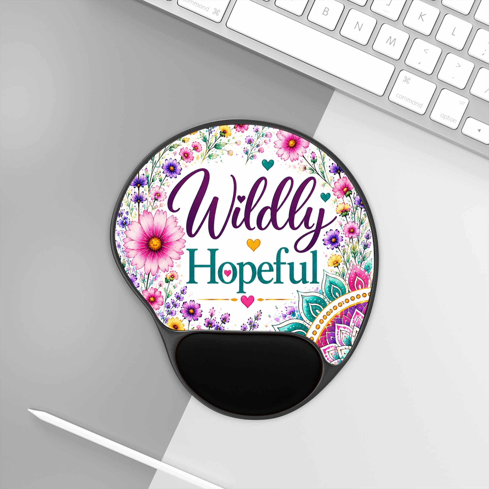 Mouse Pad with Wrist Rest — "Wildly Hopeful" Floral Ergonomic Desk Mat