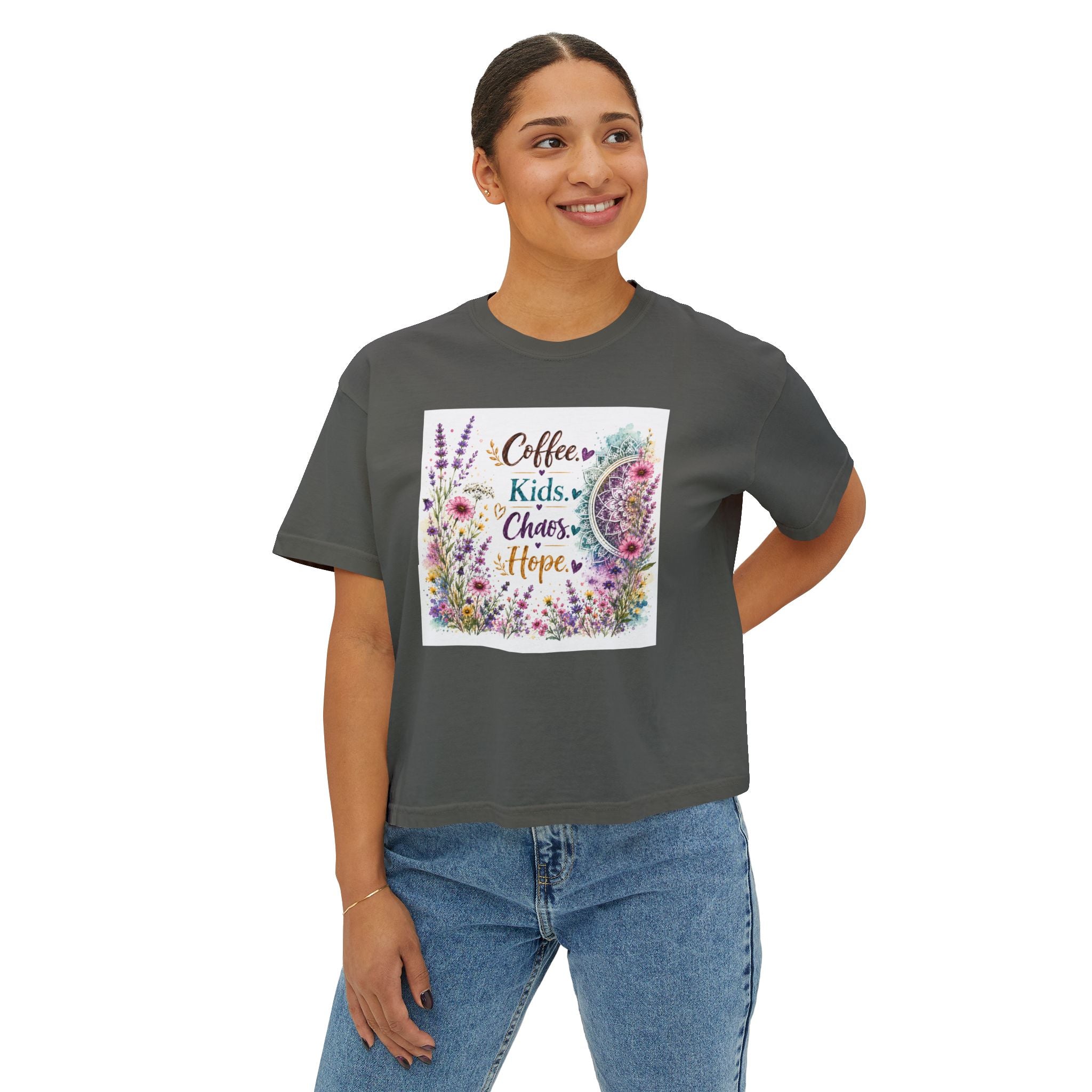 Women’s Boxy Tee — “Coffee, Kids, Chaos, Hope” Floral Graphic