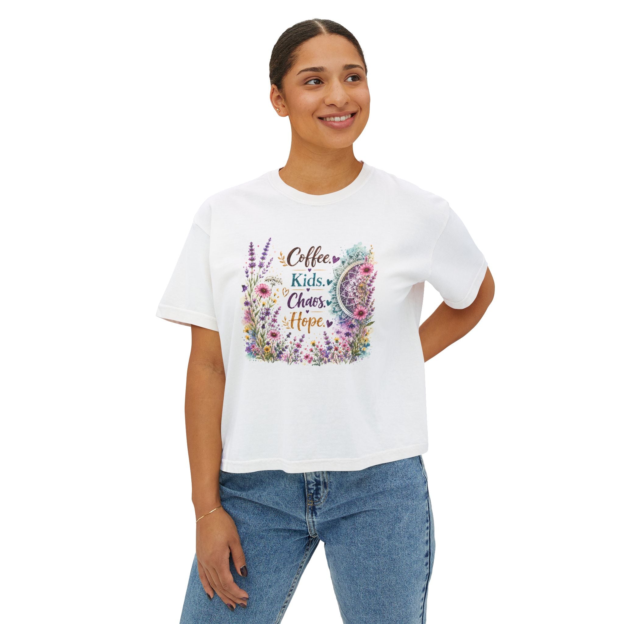 Women’s Boxy Tee — “Coffee, Kids, Chaos, Hope” Floral Graphic