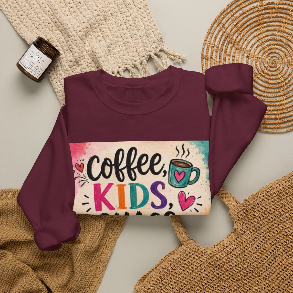 Coffee, Kids, Chaos & Hope Crewneck Sweatshirt — Colorful Educator/Counselor/Mom Life Pullover