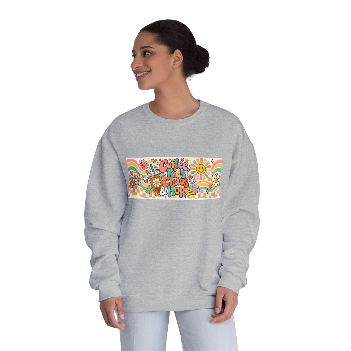 Coffee, Kiddos, Chaos & Hope Crewneck Sweatshirt, Teacher/School Staff/Mom Gift