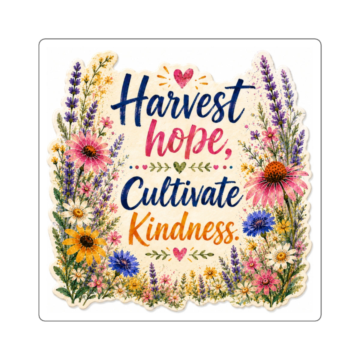Harvest Hope, Cultivate Kindness Square Sticker — Floral Inspirational Laptop Decal