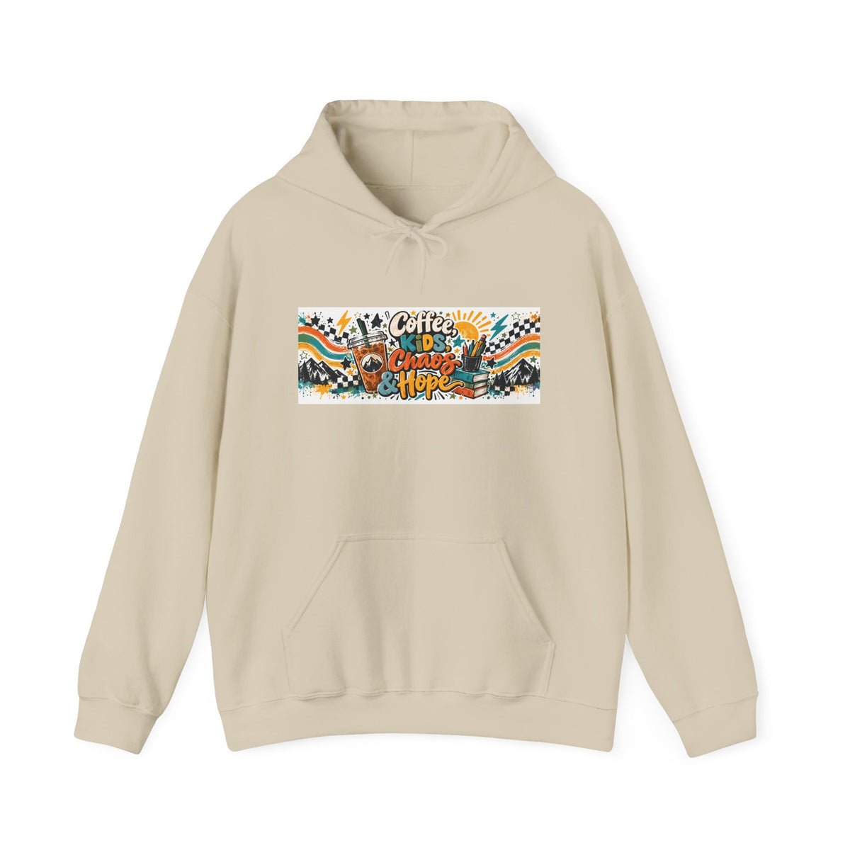 Coffee, Kids, Chaos & Hope Hoodie — Men/Women/, Teacher, Coach, Dad/Parent Retro Doodle Graphic Pullover