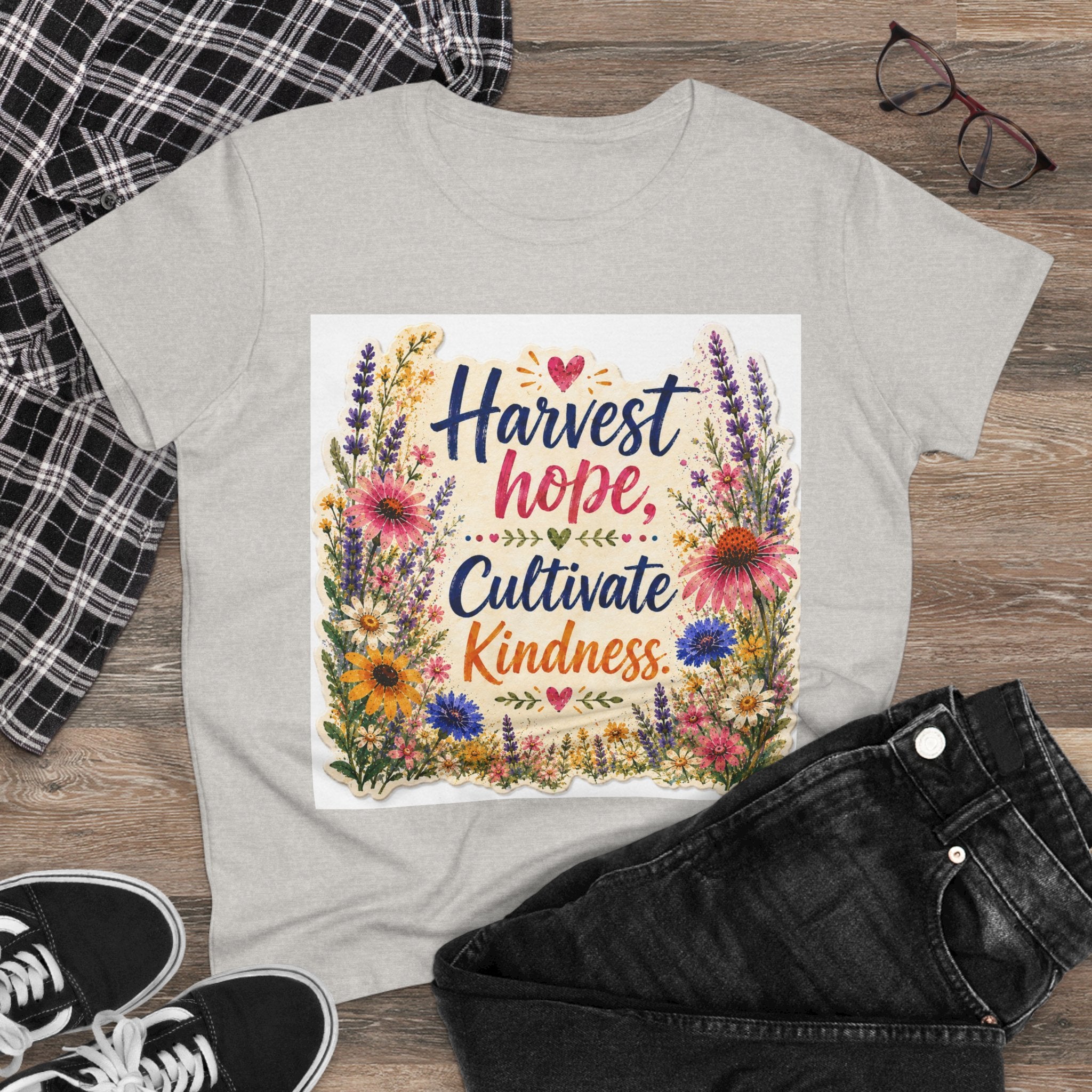 Women’s Tee - "Harvest Hope, Cultivate Kindness" Floral Inspirational Shirt