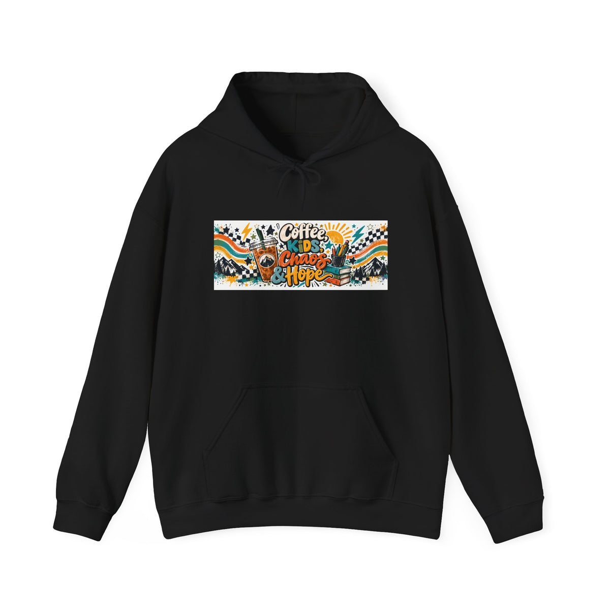 Coffee, Kids, Chaos & Hope Hoodie — Men/Women/, Teacher, Coach, Dad/Parent Retro Doodle Graphic Pullover