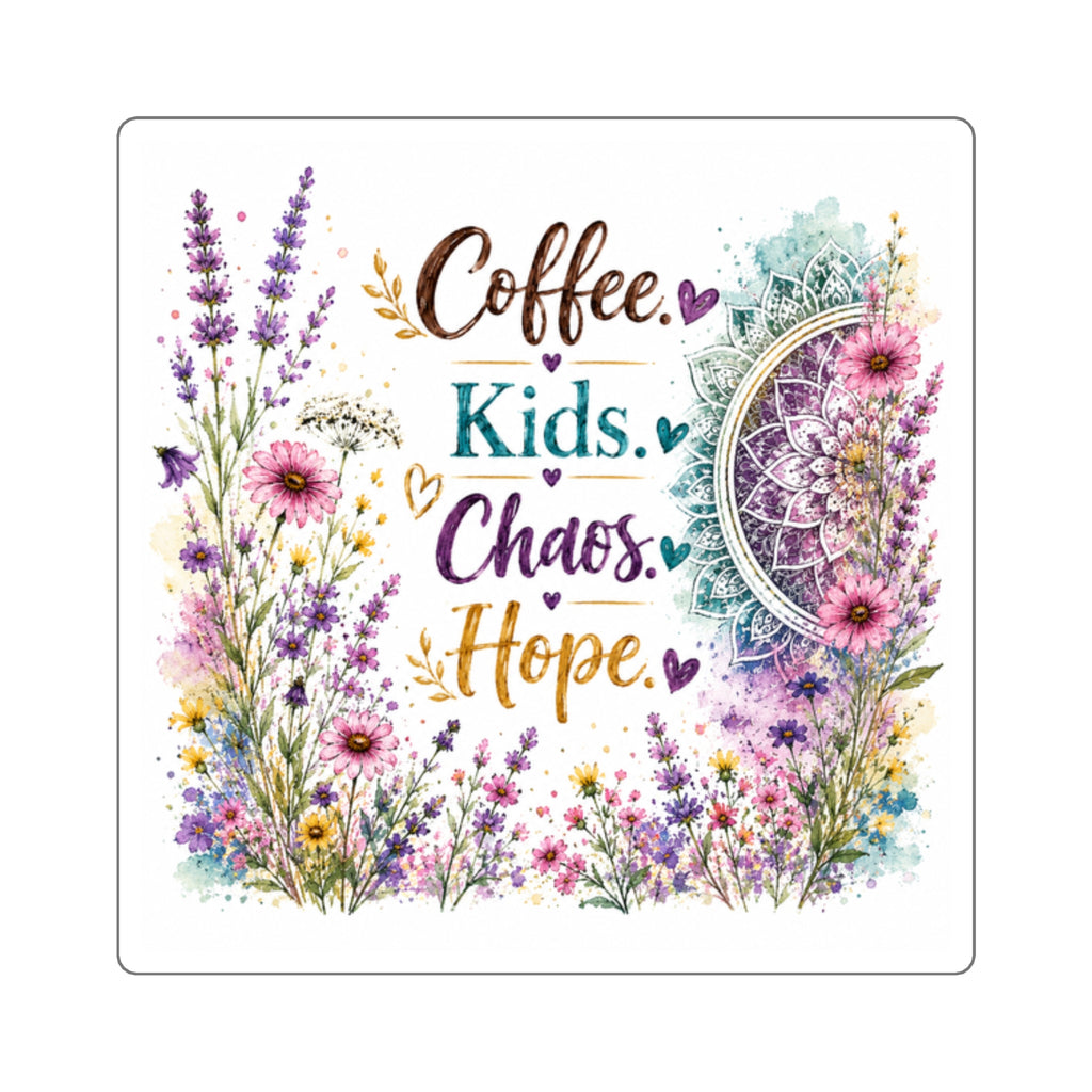 Square Sticker — "Coffee. Kids. Chaos. Hope." Floral Mandala Decal